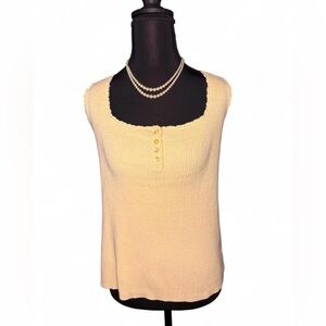Basic Editions Cream/butter yellow knit Tank Top w buttons & scallop trim